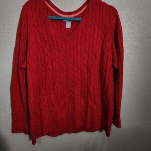 jcp Sweater Womens 3X Red Merino Wool Blend Cable Knit V Neck Pullover Plus